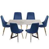 Ashton 7 Piece Dining Set, White Marble and Blue Velvet