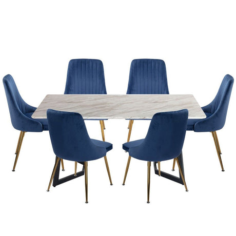 Ashton 7 Piece Dining Set, White Marble and Blue Velvet