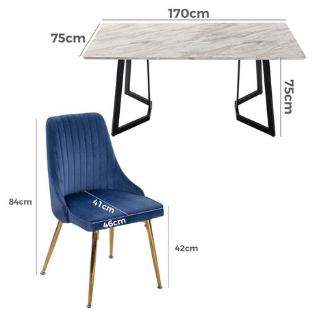 Ashton 7 Piece Dining Set, White Marble and Blue Velvet