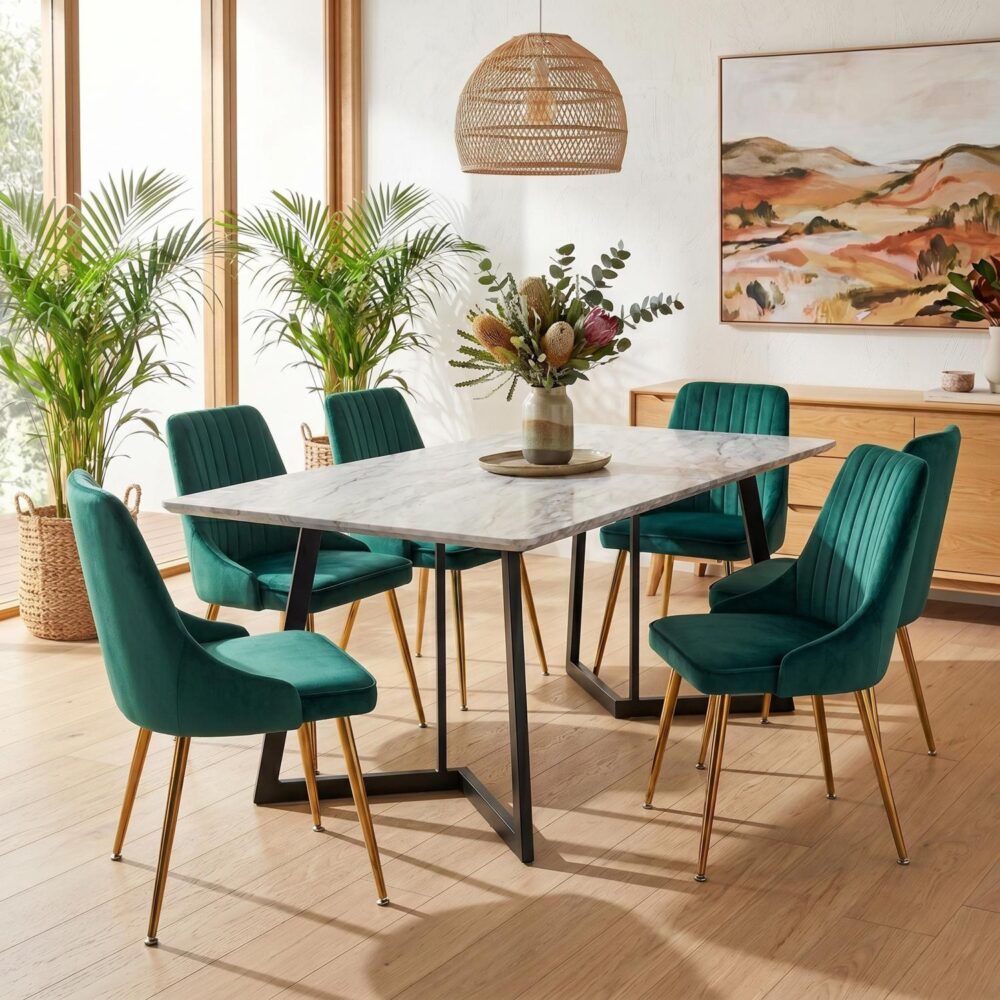 Ashton white marble and green velvet dining set in a modern dining room
