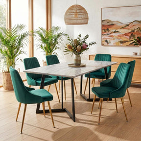 Ashton white marble and green velvet dining set in a modern dining room