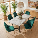 Ashton 7 Piece Dining Set, White Marble and Green Velvet