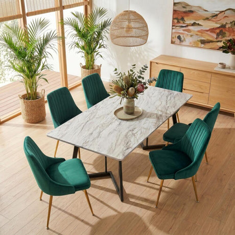 Ashton 7 Piece Dining Set, White Marble and Green Velvet