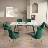 Ashton 7 Piece Dining Set, White Marble and Green Velvet