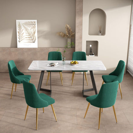Ashton 7 Piece Dining Set, White Marble and Green Velvet