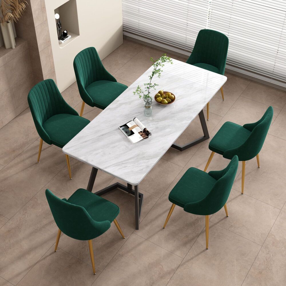 Ashton 7 Piece Dining Set, White Marble and Green Velvet