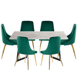 Ashton 7 Piece Dining Set, White Marble and Green Velvet