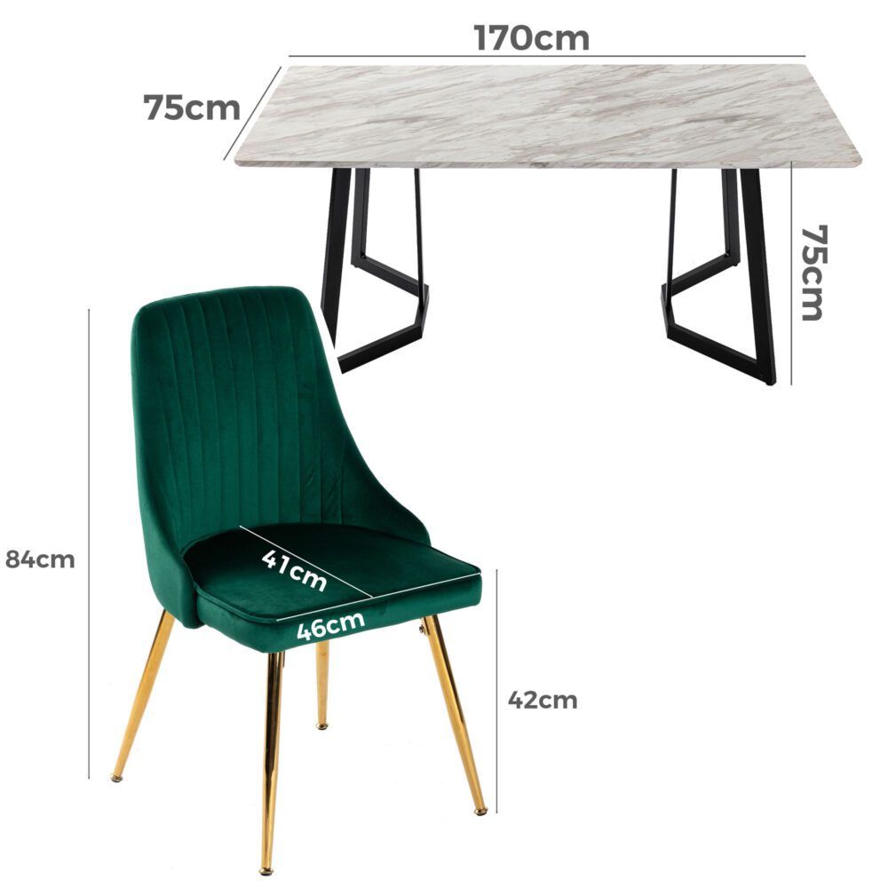 Ashton 7 Piece Dining Set, White Marble and Green Velvet