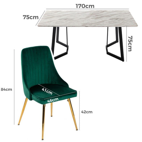 Ashton 7 Piece Dining Set, White Marble and Green Velvet