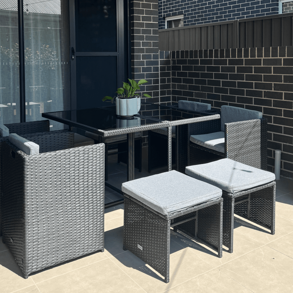 9 Piece Outdoor Dining Set, Wicker Black, view 6