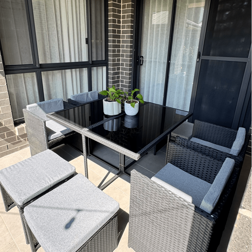 9 Piece Outdoor Dining Set, Wicker Black, view 7