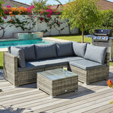 Four seat grey modular wicker outdoor lounge sofa with square coffee table