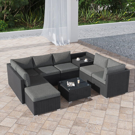 Marcoola 9 Piece Outdoor Modular Lounge, Black Wicker