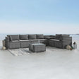 Eight piece grey modular wicker outdoor lounge set with corner storage