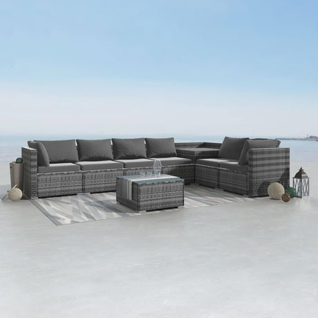 Marcoola grey wicker outdoor lounge set on a sunny patio