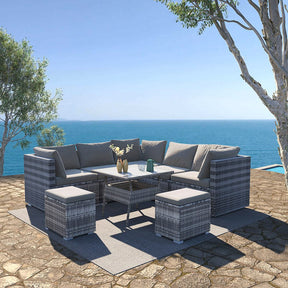 Wurtulla 8 piece grey wicker outdoor dining set with table and chairs poolside