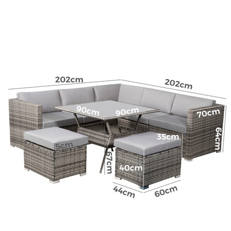 8 Piece Outdoor Wicker Dining Set Table and Chairs Grey — Allure Home Collections