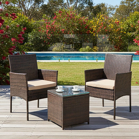 Alexandra brown wicker outdoor lounge set on a sunny patio