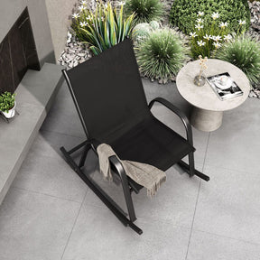 St Georges Basin black textilene mesh outdoor rocking chair on a patio