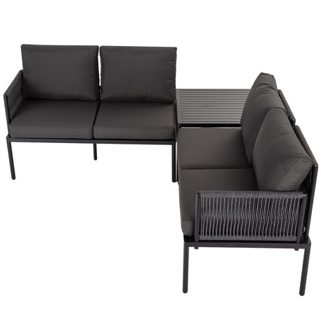 Warana black rope outdoor lounge set on a sunny patio