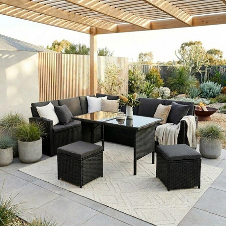 6 Piece Modular Outdoor Dining Lounge Set, Wicker Black