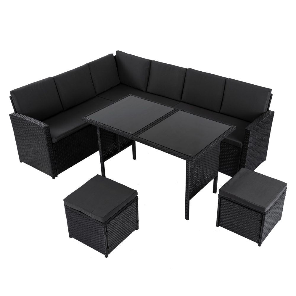6 Piece Modular Outdoor Dining Lounge Set, Wicker Black, view 2