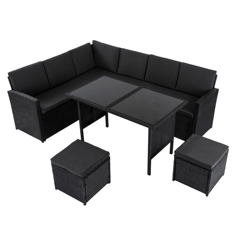 6 Piece Modular Outdoor Dining Lounge Set, Wicker Black, view 2