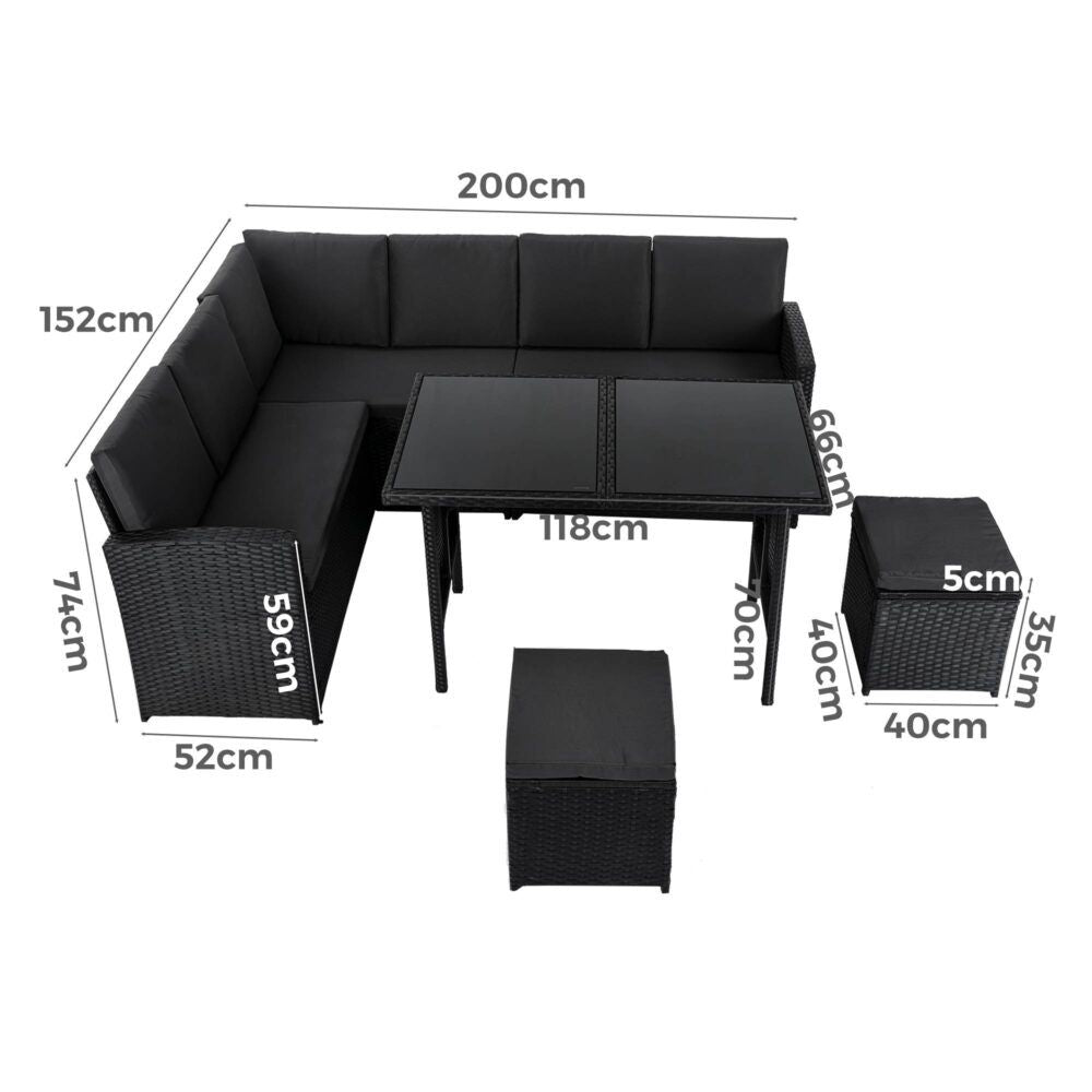 6 Piece Modular Outdoor Dining Lounge Set, Wicker Black, view 13