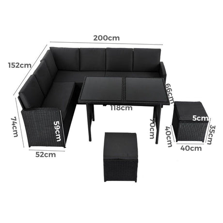 6 Piece Modular Outdoor Dining Lounge Set, Wicker Black, view 13