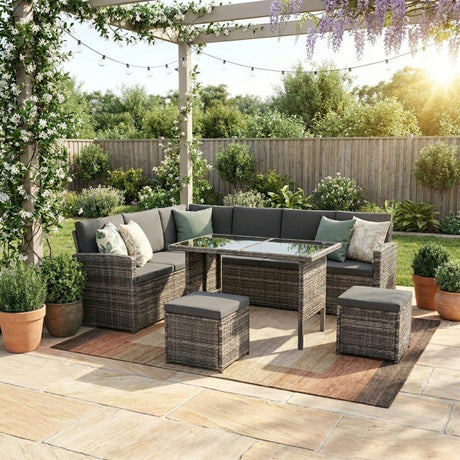 6 Piece Modular Outdoor Dining Lounge Set, Wicker Dark Grey, view 3