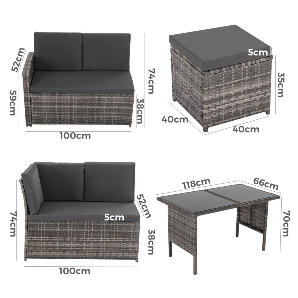 6 Piece Modular Outdoor Dining Lounge Set, Wicker Dark Grey, view 12