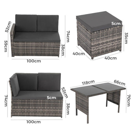 6 Piece Modular Outdoor Dining Lounge Set, Wicker Dark Grey, view 12