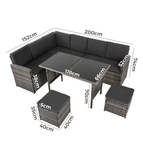 6 Piece Modular Outdoor Dining Lounge Set, Wicker Dark Grey, view 13