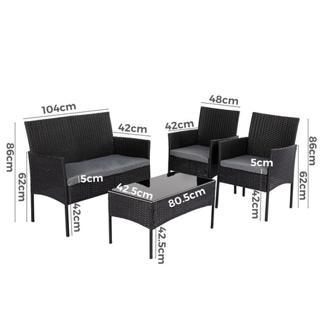 Buddina 4 Piece Outdoor Lounge Set, Black Wicker