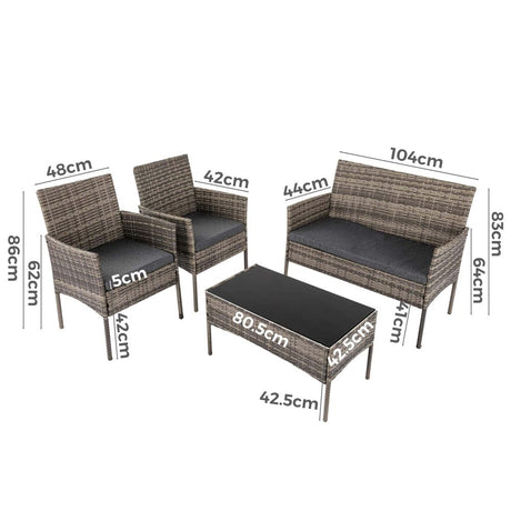 Buddina 4 Piece Outdoor Lounge Set, Grey Wicker