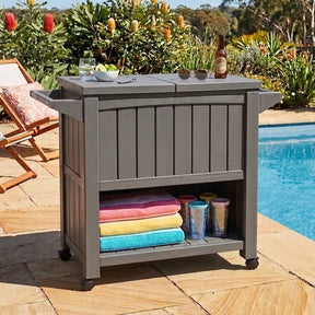 Outdoor Bar Serving Cart with Cooler in Taupe