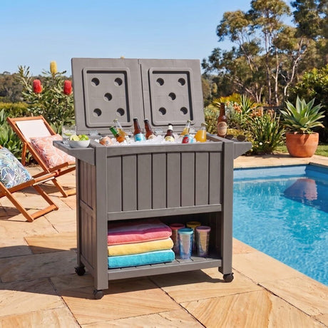 Outdoor Bar Serving Cart with Cooler in Taupe