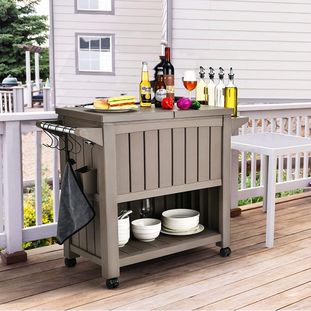 Outdoor Bar Serving Cart with Cooler in Taupe