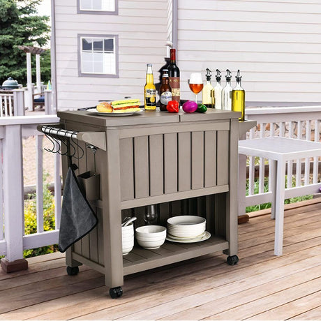 Outdoor Bar Serving Cart with Cooler in Taupe