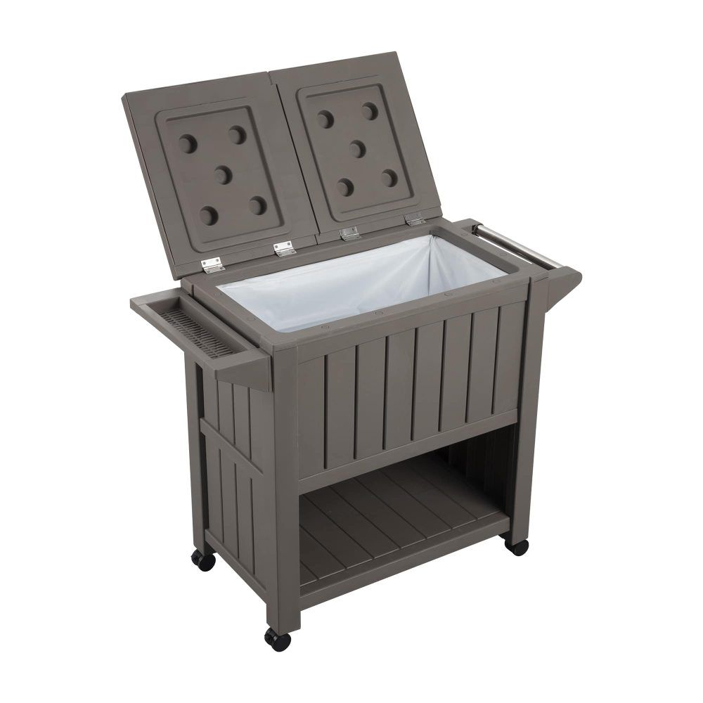 Outdoor Bar Serving Cart with Cooler in Taupe