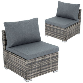 Rosedale grey armless outdoor sofa set of two single seaters with cushions on a balcony
