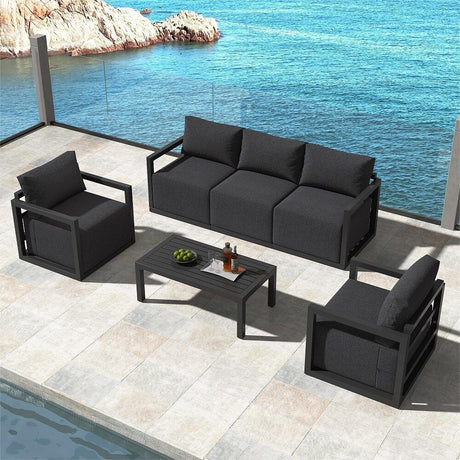Noosa charcoal grey aluminium outdoor lounge set on a sunny patio