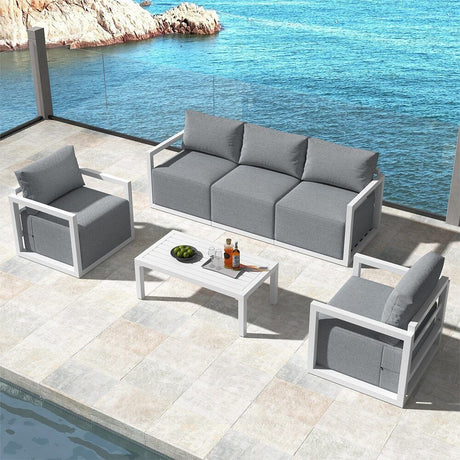 Noosa white aluminium outdoor lounge set on a sunny patio