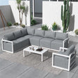 Seven seat white rattan outdoor garden lounge set with cushions and table