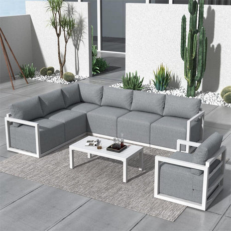 Noosa white aluminium outdoor lounge set on a sunny patio