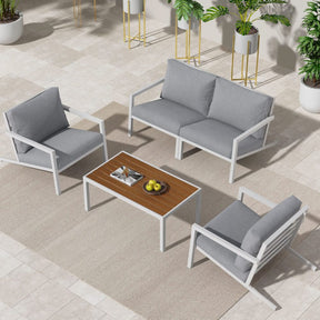 Coolum white aluminium outdoor lounge set on a sunny patio