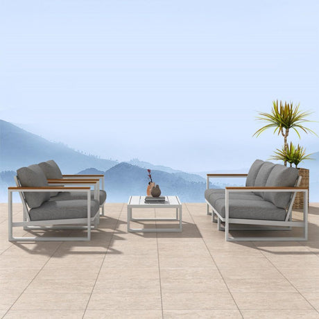 Maroochydore white aluminium outdoor lounge set on a sunny patio
