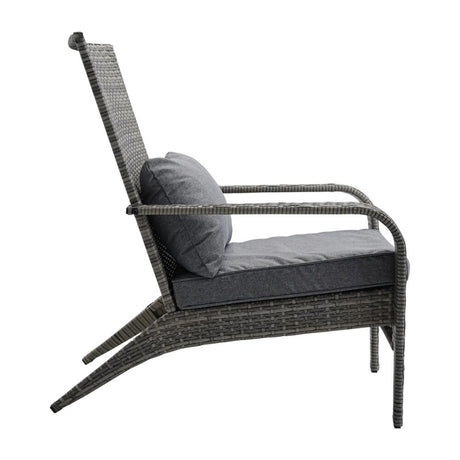 Callala Bay grey rattan outdoor lounge chair with cushions on a patio