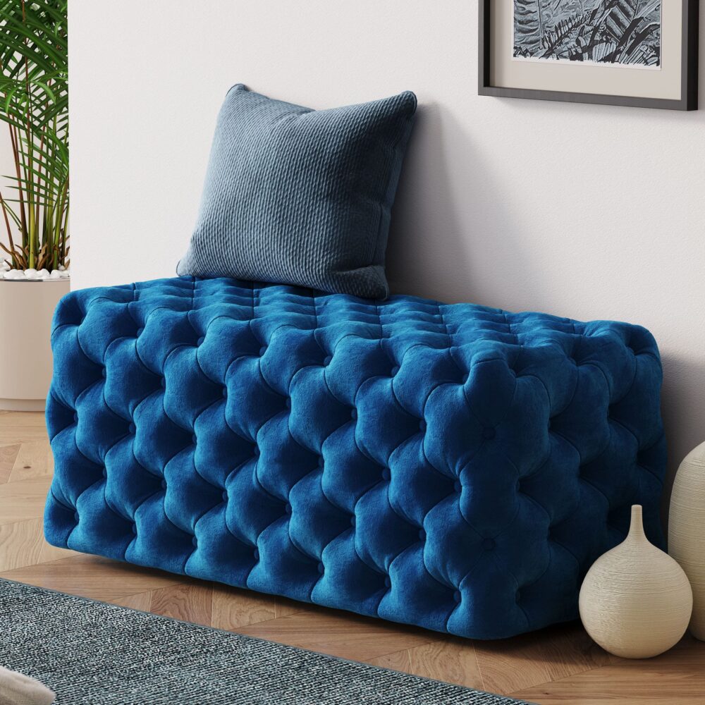 Elegant Navy Blue Velvet Rectangular Ottoman
