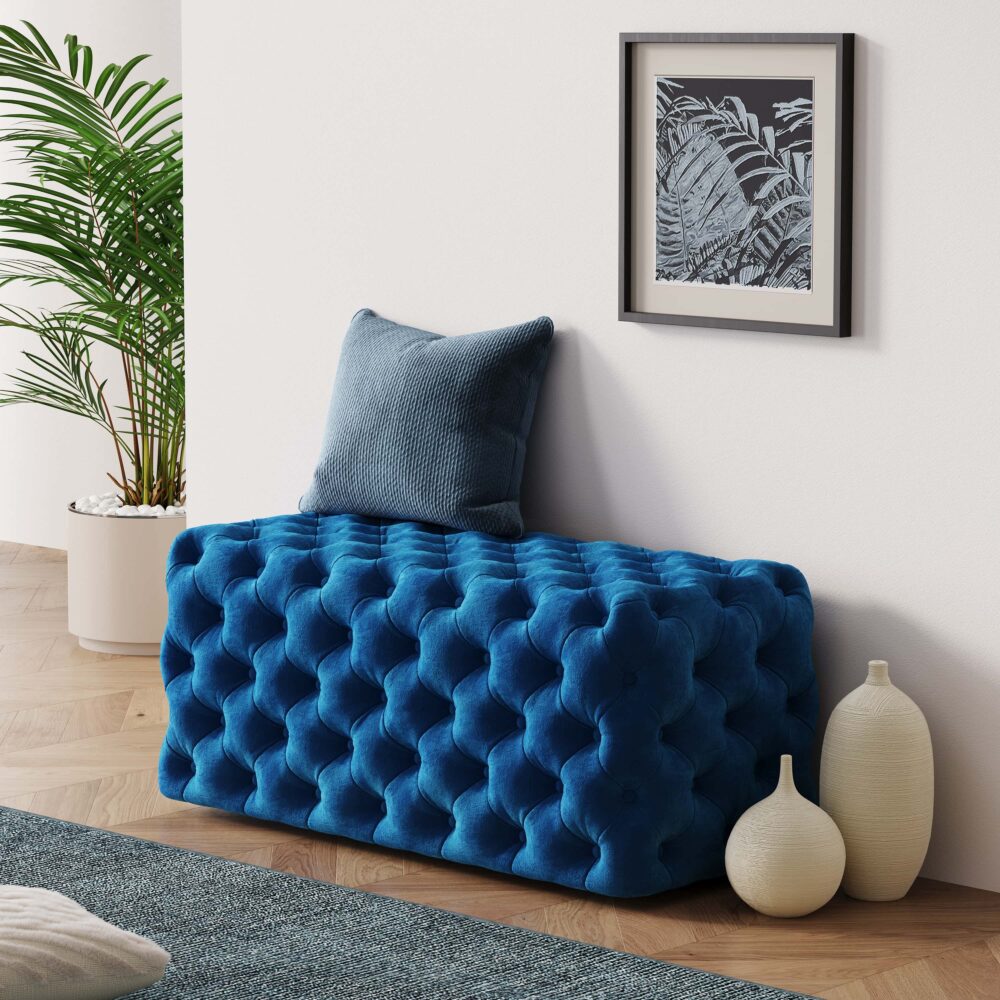 Elegant Navy Blue Velvet Rectangular Ottoman